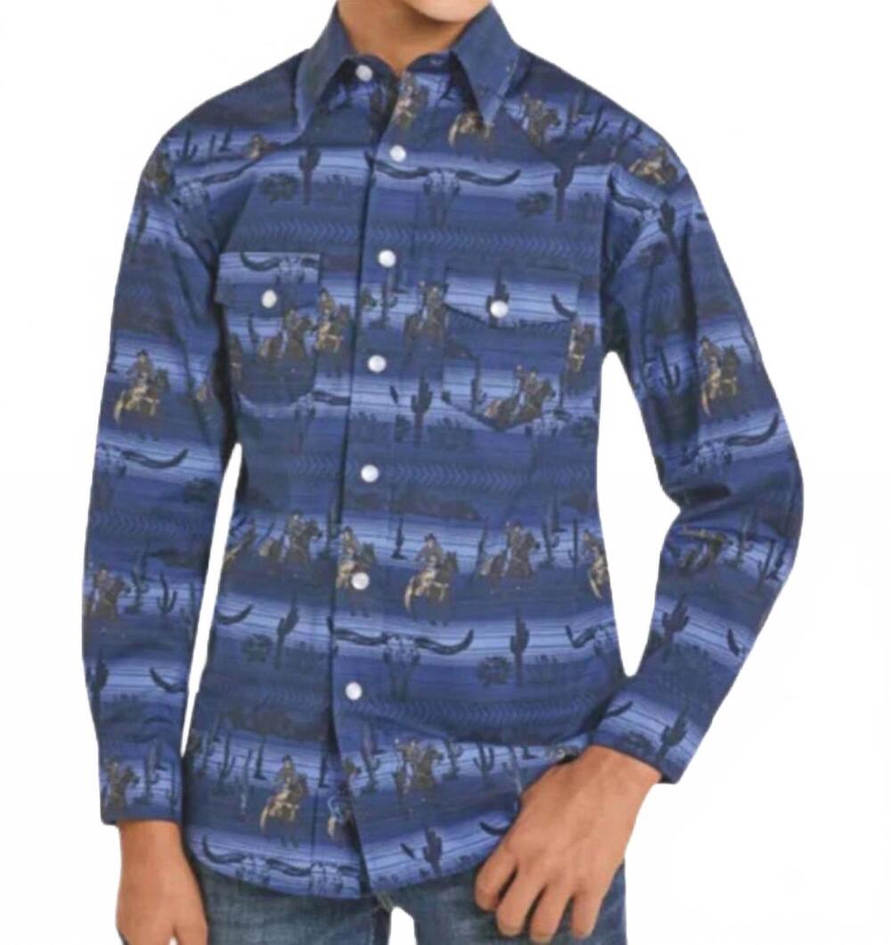 NEW ROCK & ROLL DENIM boys cowboy western bold snap shirt in blue